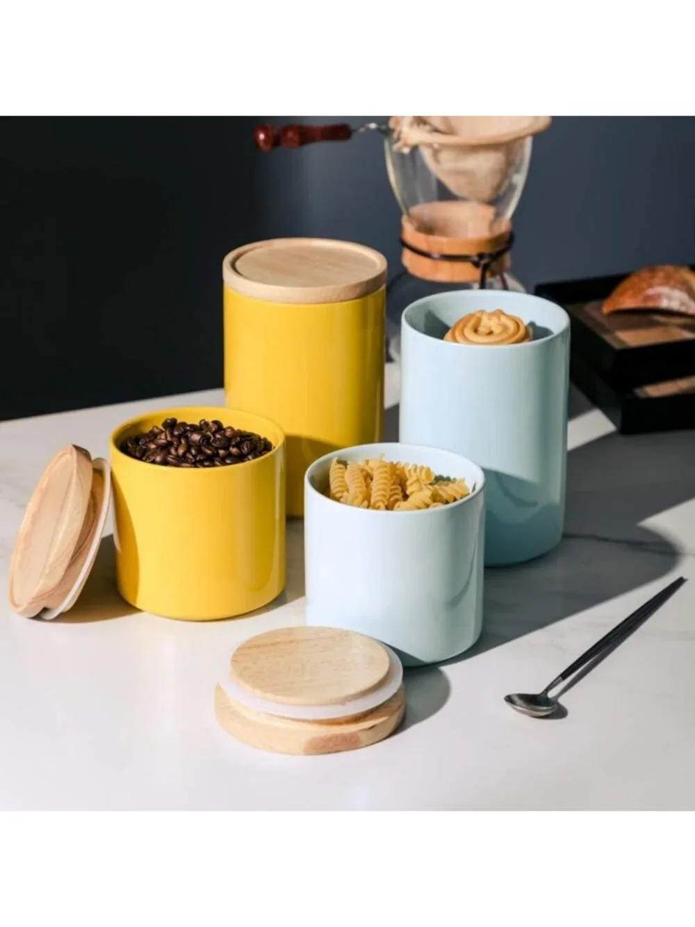 Stackable Ceramic Kitchen Canisters with Airtight Wooden Lid - Food Storage Jars